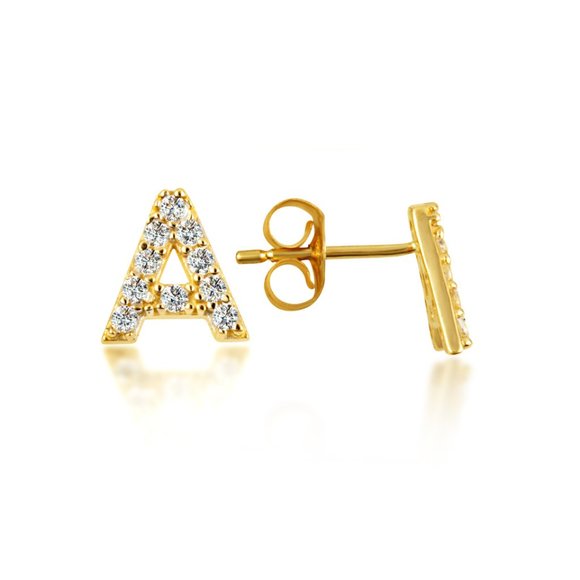Initial Earrings Gold With Diamonds - Etsy Personalized 10k Yellow Gold Block Studded Initial Letter \